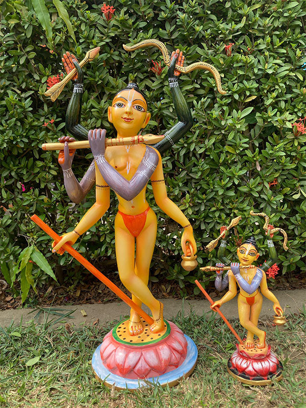 Divine Splendor: Sadbhuja Wooden Deity of Lord Krishna, Lord Ramacandra, and Lord Caitanya