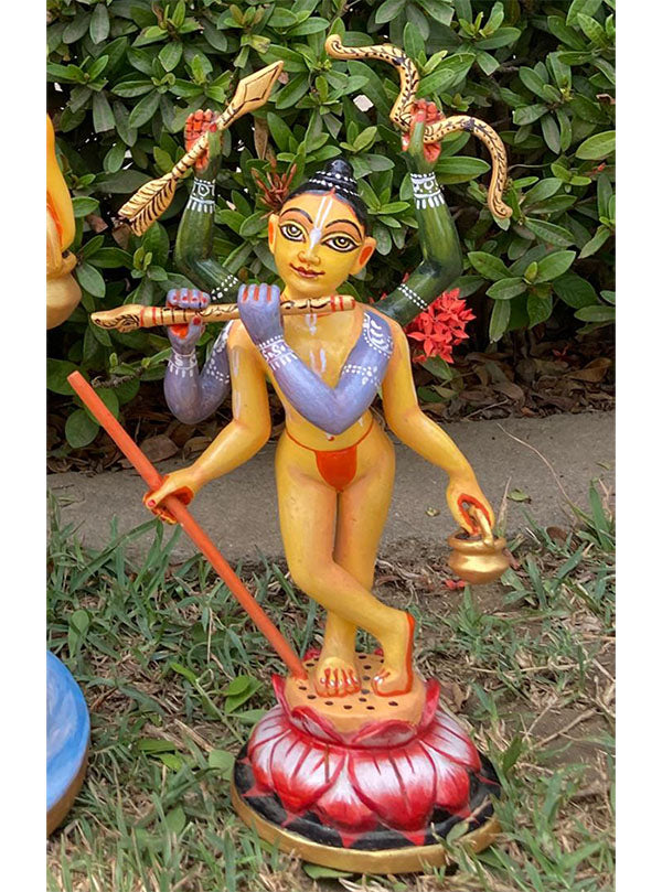 Divine Splendor: Sadbhuja Wooden Deity of Lord Krishna, Lord Ramacandra, and Lord Caitanya