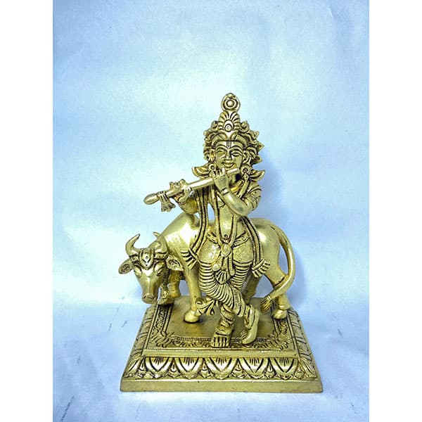 Lord Krishna and His Cow Solid Brass Murti - Deities